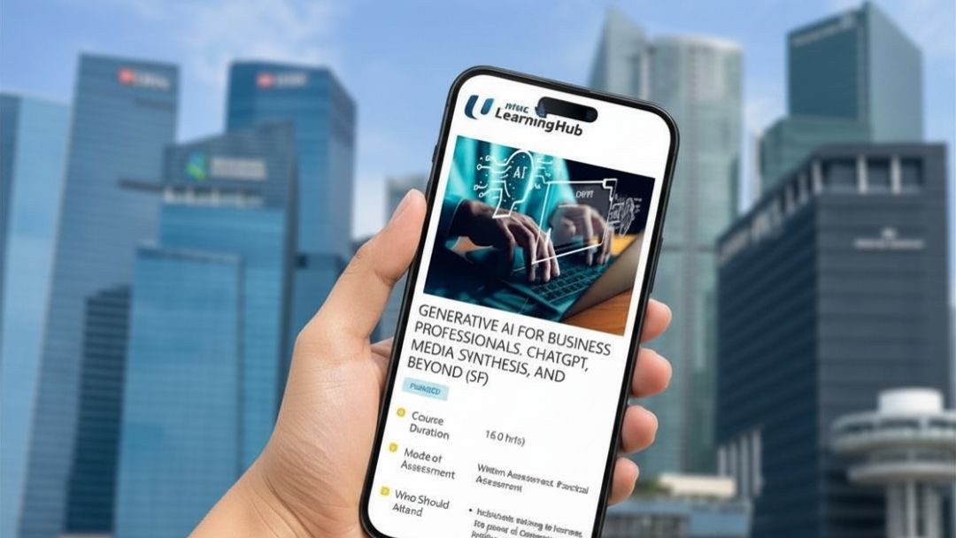 Asian professional viewing an NTUC LearningHub generative AI course on a mobile phone in Singapore’s CBD.jpg