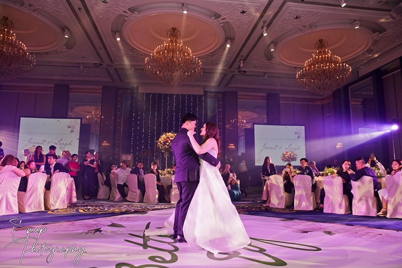 A couple at a wedding dancing in a ballroom