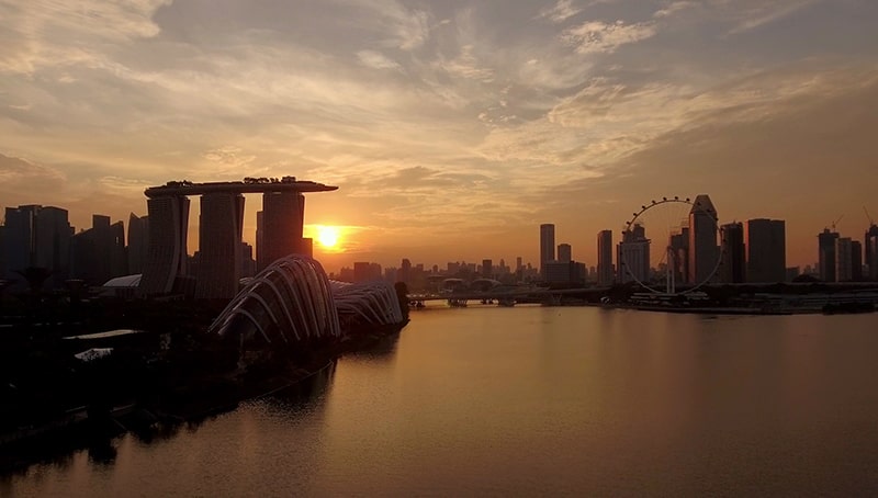 drone shot of the Singapore skyline at sunset