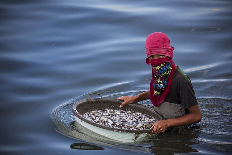 a masked fisherman in the water holding a basket full of fish