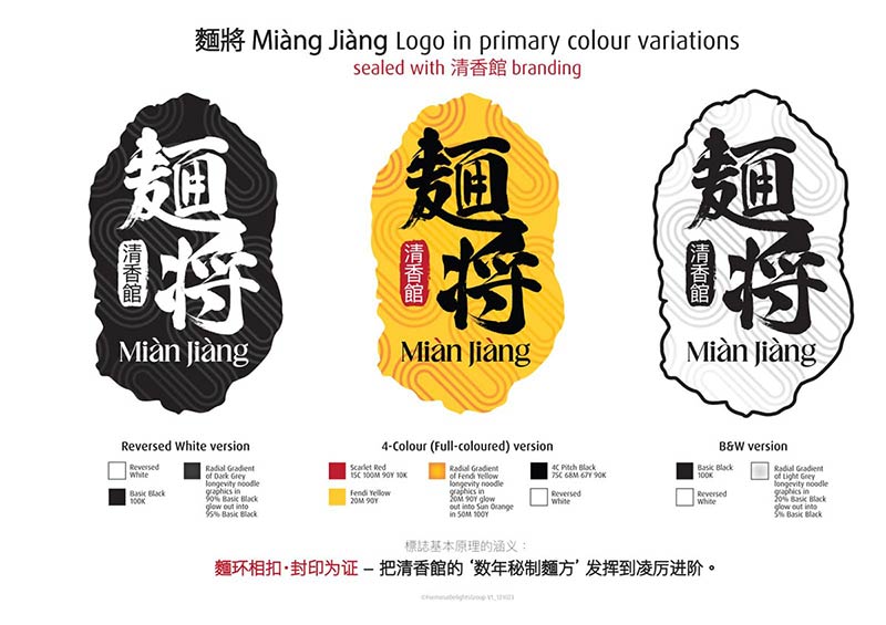 Mian Jiang logo variations in primary colours, black, yellow, and white