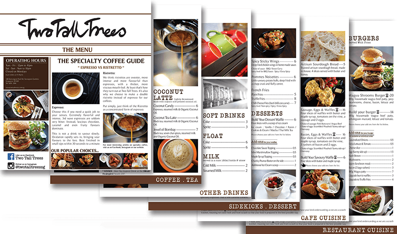 The menu layout for Two Tall Trees Cafe